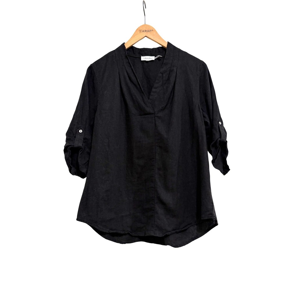 Calvin Klein Womens Black Linen Blend Roll Tab Sleeve V-Neck Tunic Top Large